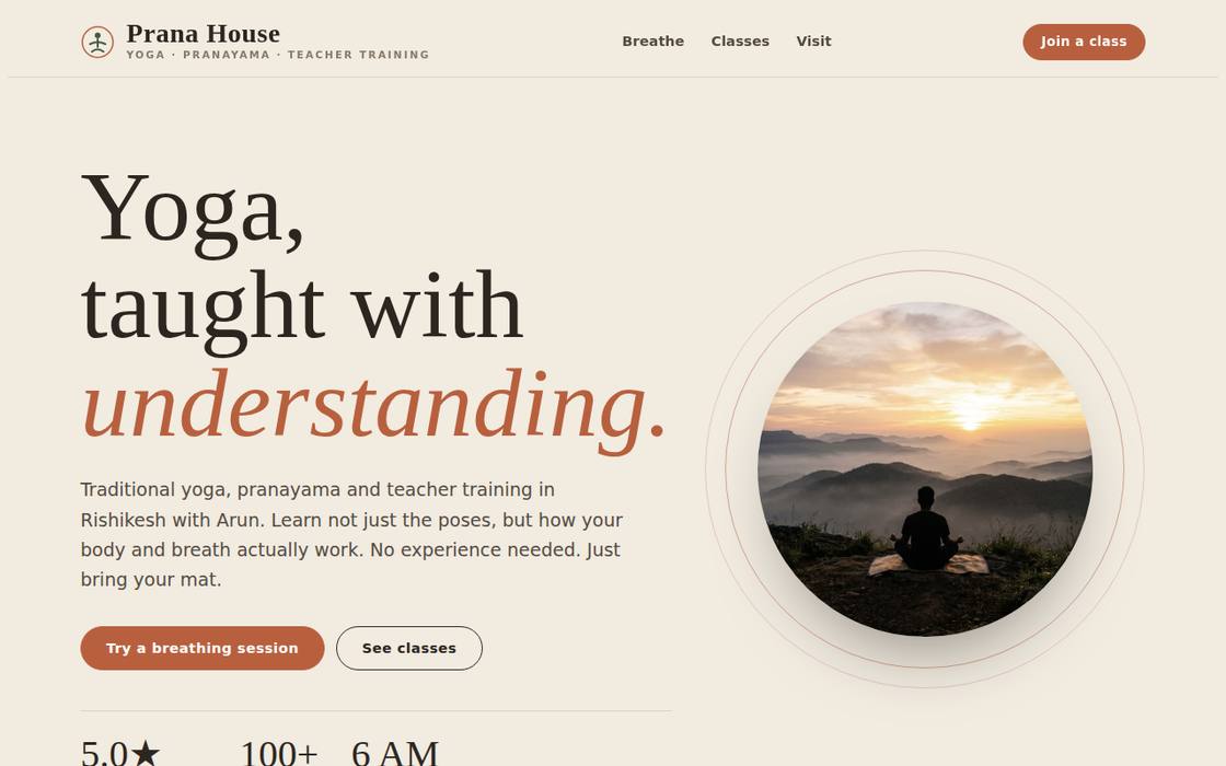 Prana House website on desktop